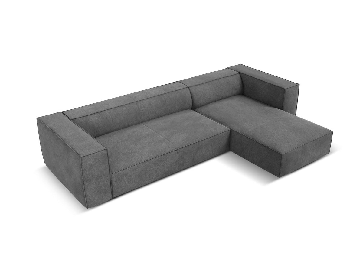 Turin Ecksofa rechts mit Chenille-Bezug in Light Beige-Rosario, Massivholzrahmen aus Kiefer und Beinen aus schwarzem Buchenholz, Récamiere-Form.