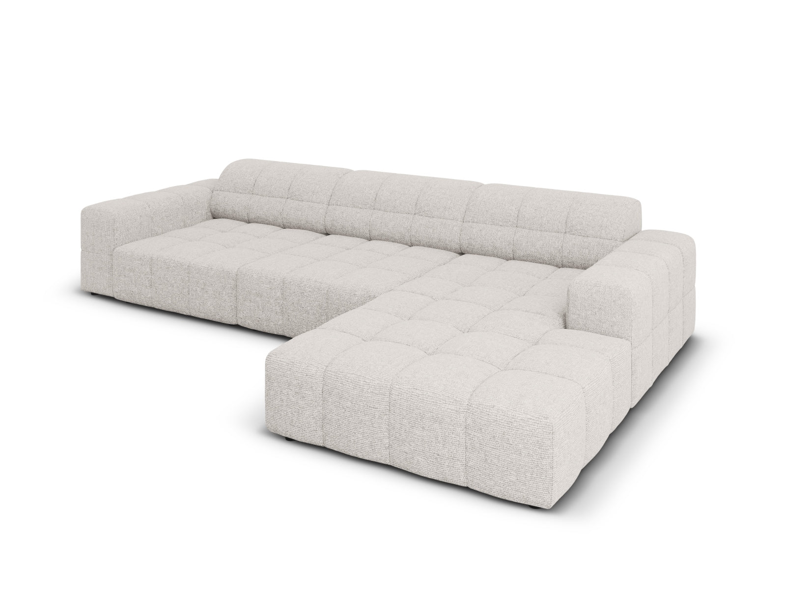 Elegantes Chicago Ecksofa rechts, 4-Sitzer in sanftem Grau, perfekt für stilvolle Wohnzimmer, erhältlich bei Cosmopolitan Design.