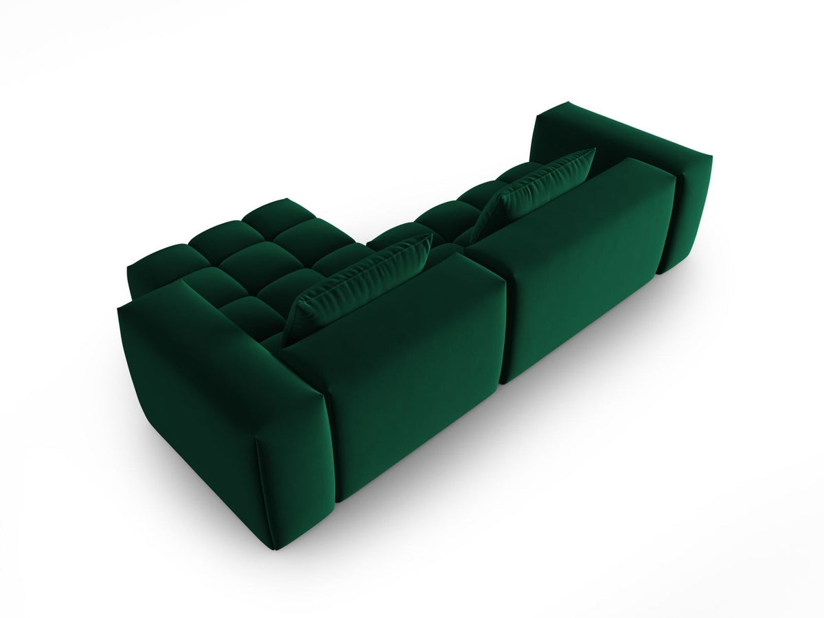 Modulares Ecksofa rechts in Sand-Casino Samt mit Massivholzrahmen, schwarzen Kunststoffbeinen und drei Sitzplätzen, seitliche Ansicht.