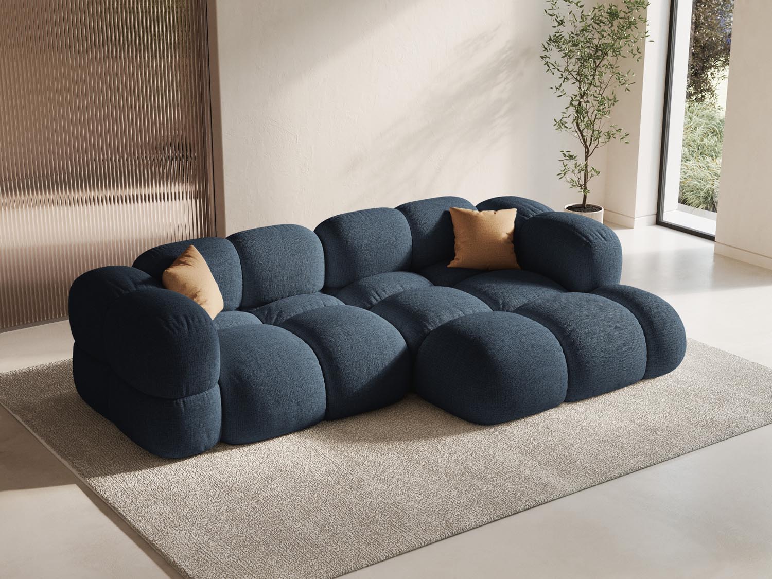 Elegantes Loretto Ecksofa in Dunkelblau, 3-Sitzer, ideal für moderne Wohnräume, präsentiert von Cosmopolitan Design.