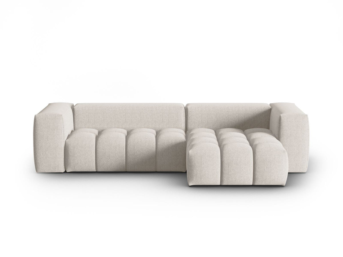 Modulares Ecksofa Verona rechts mit 3 Sitzplätzen, bezogen mit beigem Sorella-Strukturstoff, schwarze Kunststoffbeine, Massivholzrahmen sichtbar