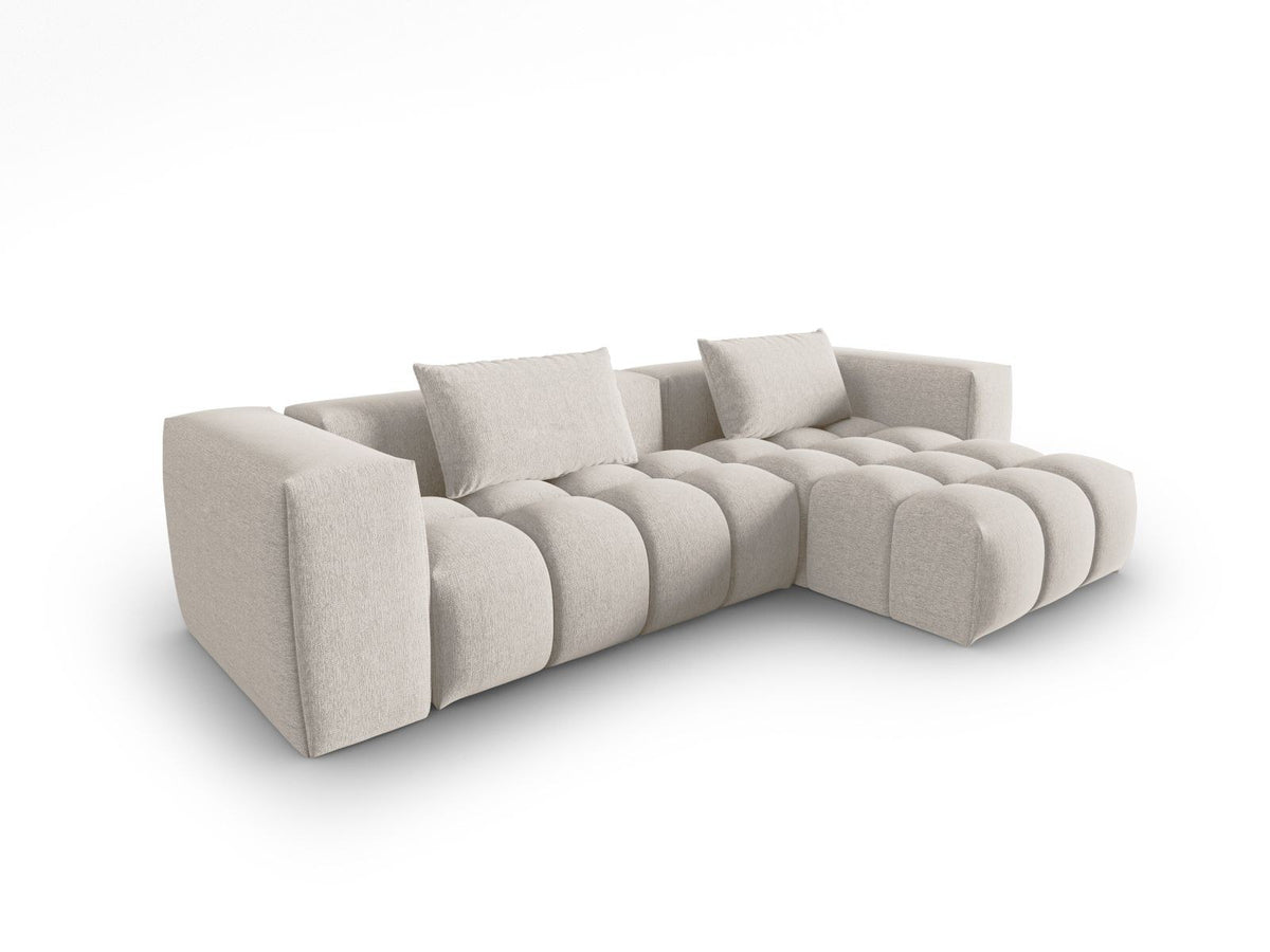 Modulares Ecksofa Verona rechts mit 3 Sitzplätzen, bezogen mit beigem Sorella-Strukturstoff, schwarze Kunststoffbeine, Massivholzrahmen sichtbar