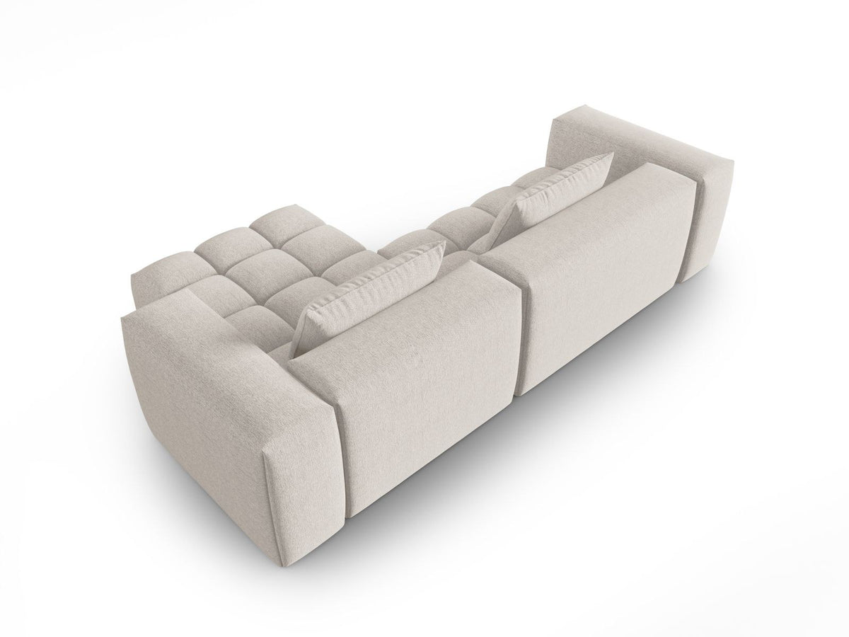 Modulares Ecksofa Verona rechts mit 3 Sitzplätzen, bezogen mit beigem Sorella-Strukturstoff, schwarze Kunststoffbeine, Massivholzrahmen sichtbar