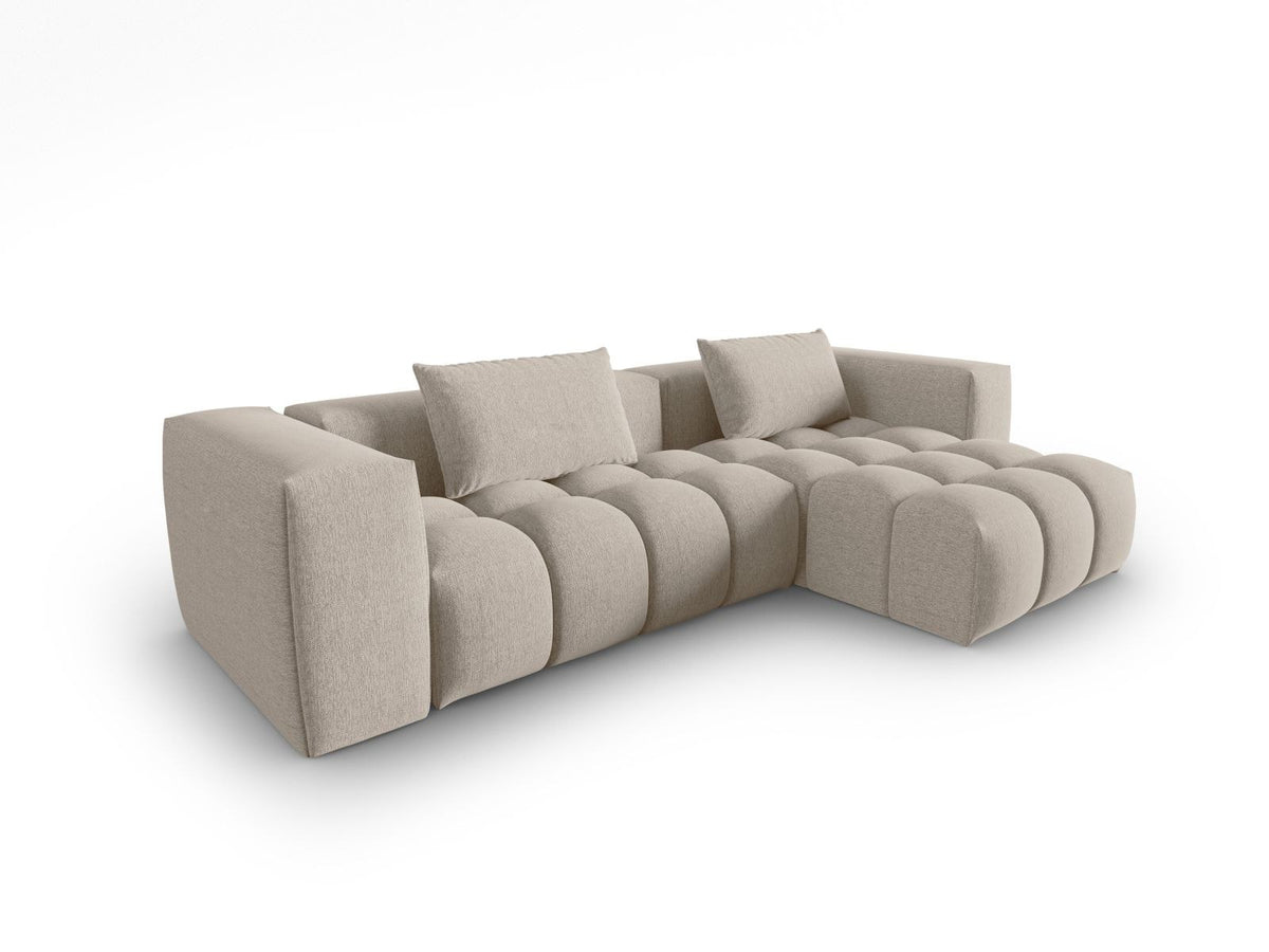 Modulares Ecksofa Verona rechts mit 3 Sitzplätzen, bezogen mit beigem Sorella-Strukturstoff, schwarze Kunststoffbeine, Massivholzrahmen sichtbar