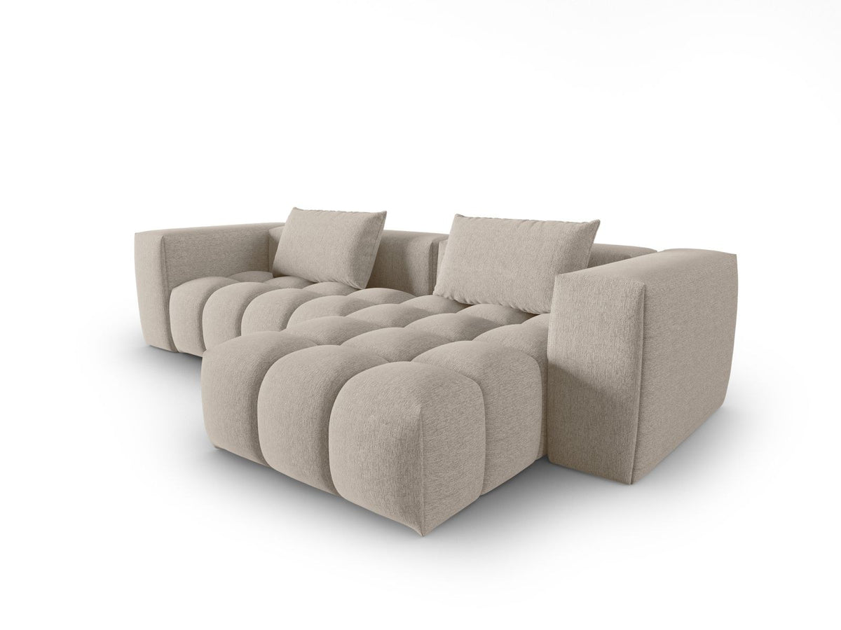 Modulares Ecksofa Verona rechts mit 3 Sitzplätzen, bezogen mit beigem Sorella-Strukturstoff, schwarze Kunststoffbeine, Massivholzrahmen sichtbar