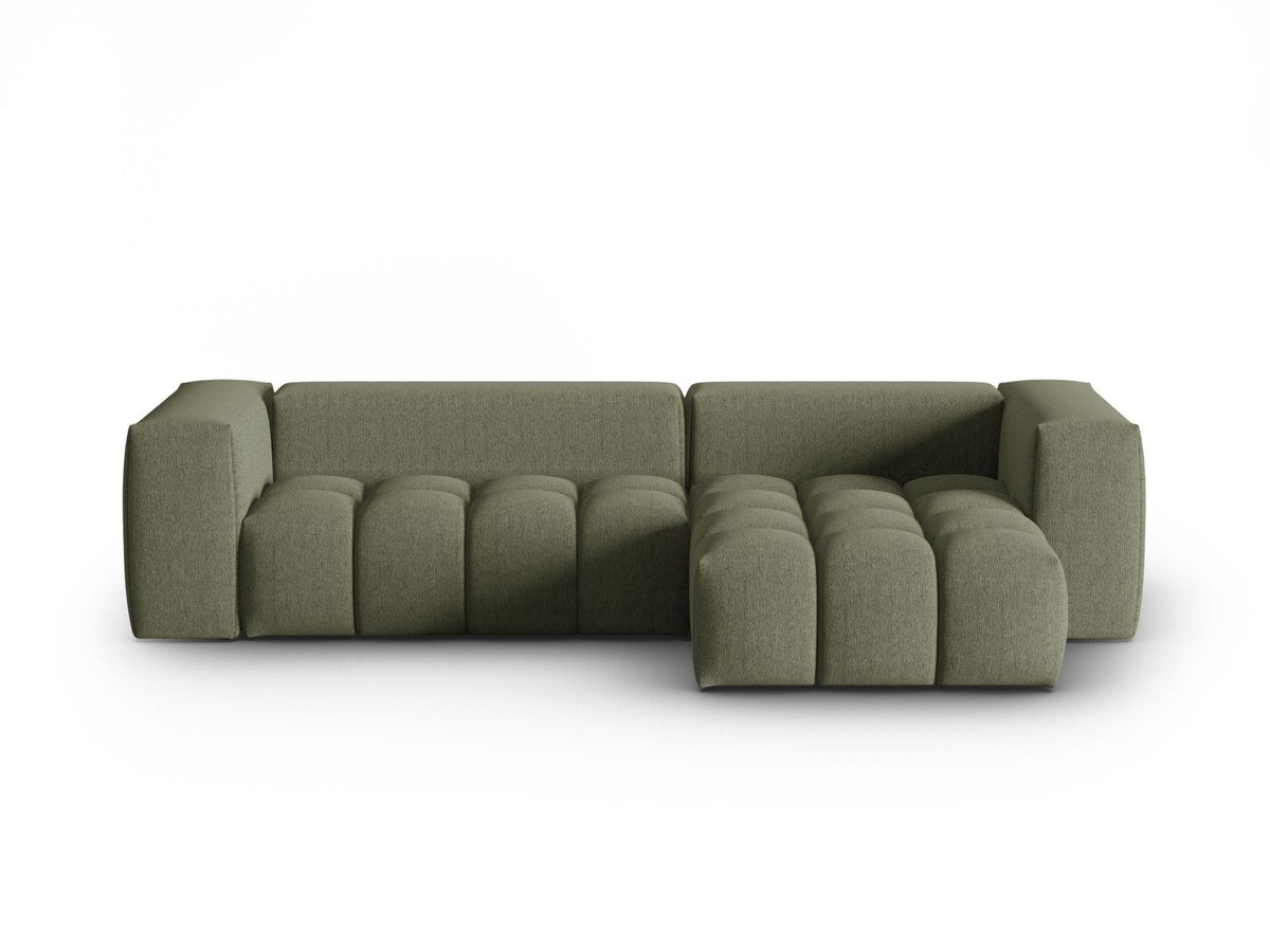 Modulares Ecksofa Verona rechts mit 3 Sitzplätzen, bezogen mit beigem Sorella-Strukturstoff, schwarze Kunststoffbeine, Massivholzrahmen sichtbar