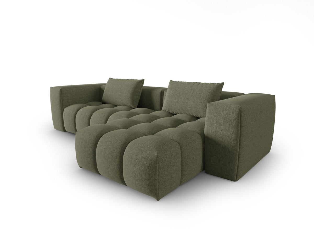 Modulares Ecksofa Verona rechts mit 3 Sitzplätzen, bezogen mit beigem Sorella-Strukturstoff, schwarze Kunststoffbeine, Massivholzrahmen sichtbar
