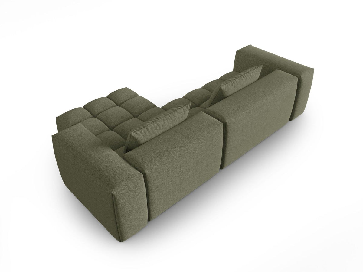 Modulares Ecksofa Verona rechts mit 3 Sitzplätzen, bezogen mit beigem Sorella-Strukturstoff, schwarze Kunststoffbeine, Massivholzrahmen sichtbar