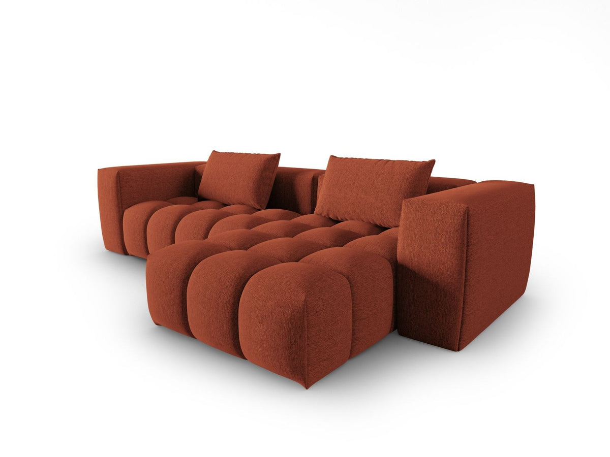 Modulares Ecksofa Verona rechts mit 3 Sitzplätzen, bezogen mit beigem Sorella-Strukturstoff, schwarze Kunststoffbeine, Massivholzrahmen sichtbar