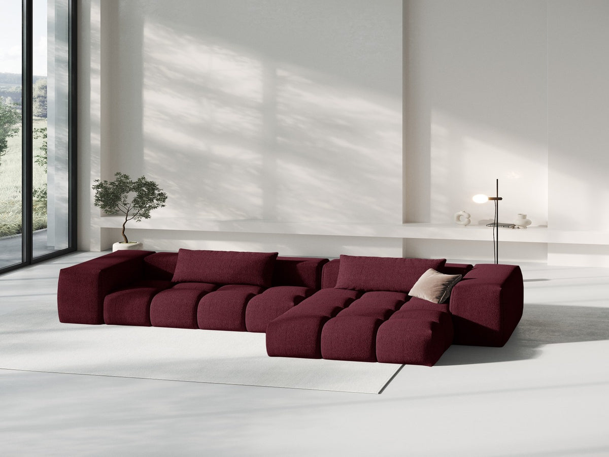 Modulares Ecksofa Verona rechts mit 3 Sitzplätzen, bezogen mit beigem Sorella-Strukturstoff, schwarze Kunststoffbeine, Massivholzrahmen sichtbar