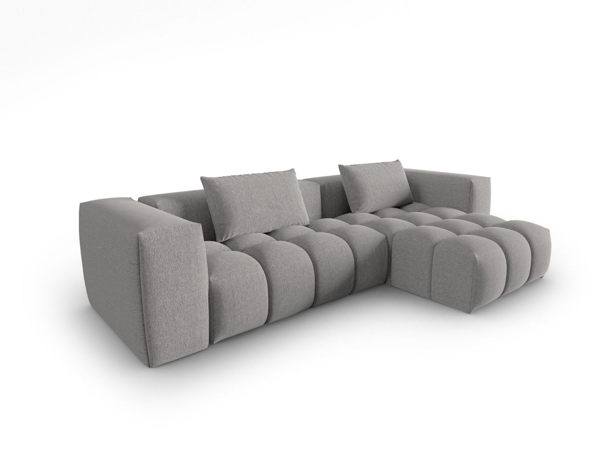 Modulares Ecksofa Verona rechts mit 3 Sitzplätzen, bezogen mit beigem Sorella-Strukturstoff, schwarze Kunststoffbeine, Massivholzrahmen sichtbar