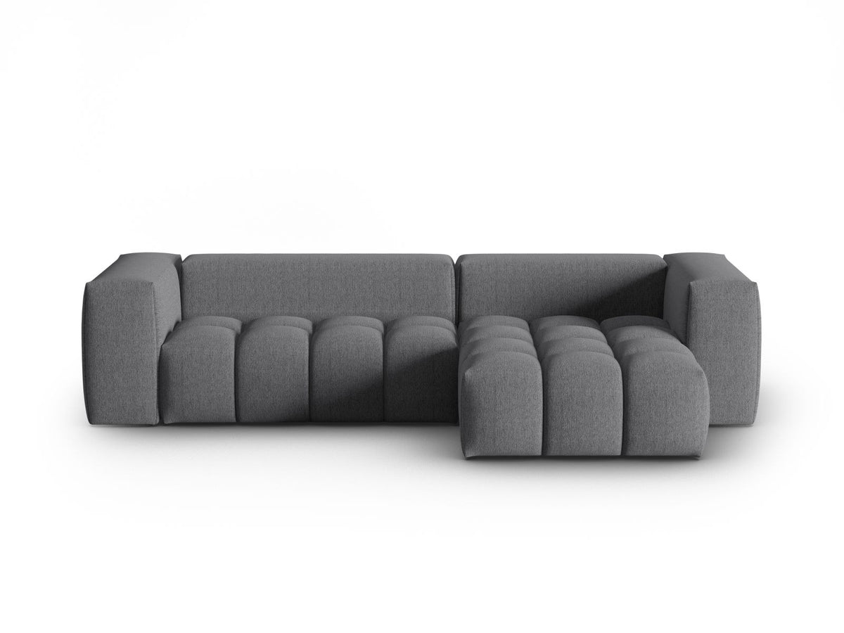 Modulares Ecksofa Verona rechts mit 3 Sitzplätzen, bezogen mit beigem Sorella-Strukturstoff, schwarze Kunststoffbeine, Massivholzrahmen sichtbar