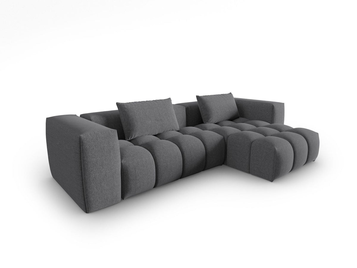 Modulares Ecksofa Verona rechts mit 3 Sitzplätzen, bezogen mit beigem Sorella-Strukturstoff, schwarze Kunststoffbeine, Massivholzrahmen sichtbar