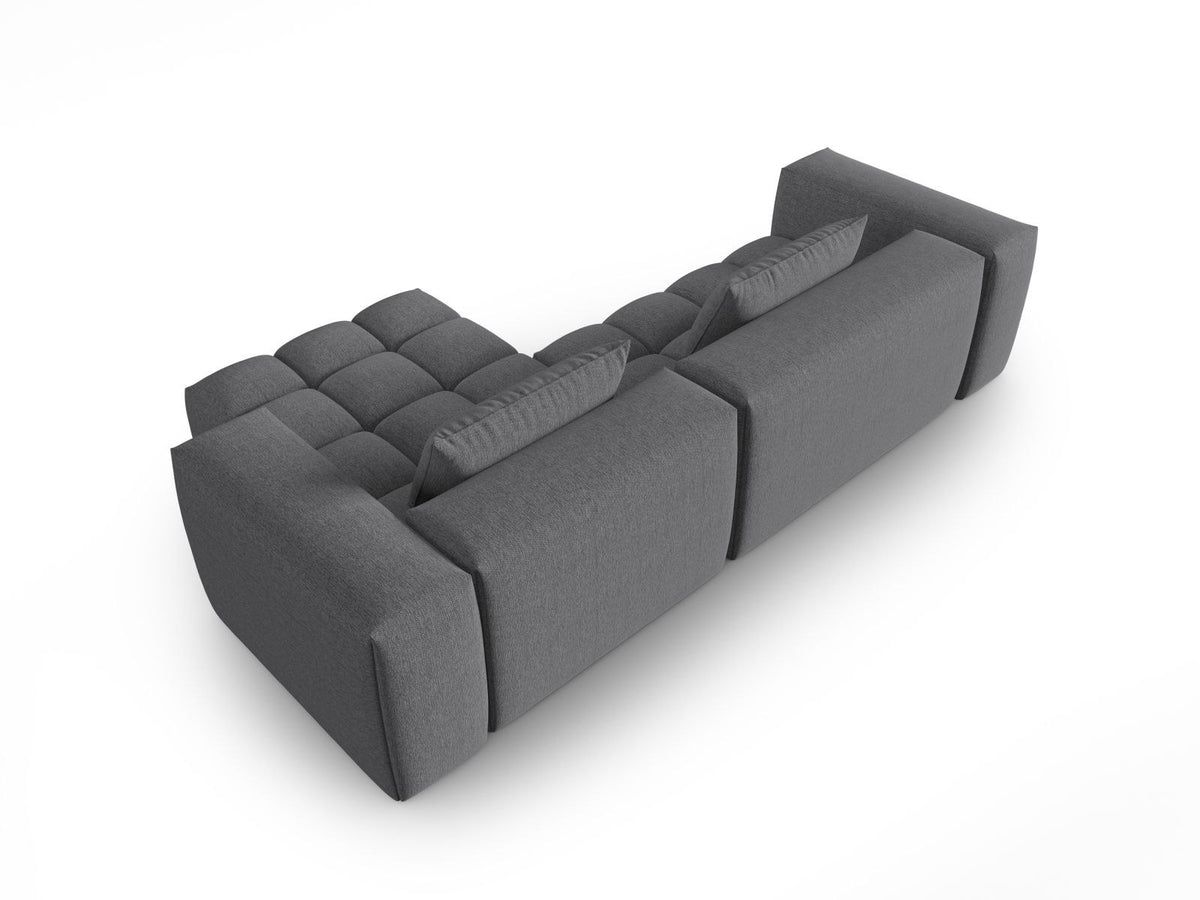 Modulares Ecksofa Verona rechts mit 3 Sitzplätzen, bezogen mit beigem Sorella-Strukturstoff, schwarze Kunststoffbeine, Massivholzrahmen sichtbar
