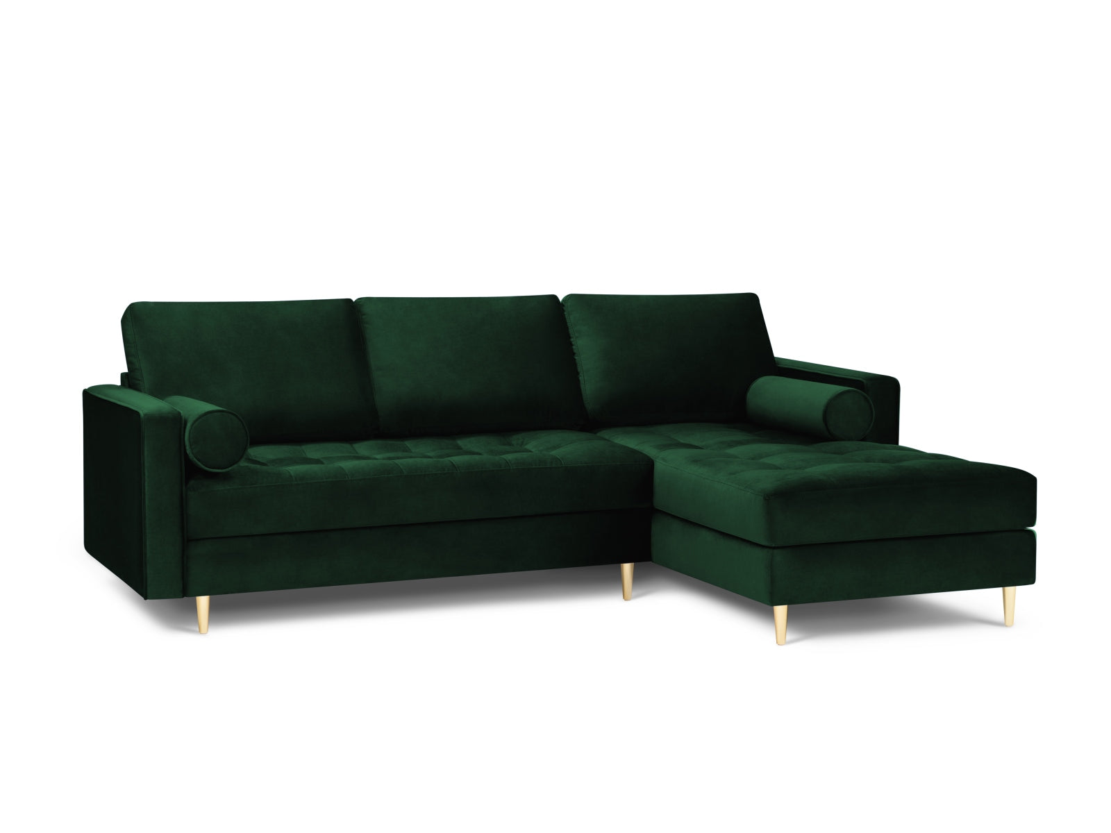 Elegantes 4-Sitzer Ecksofa rechts Aspen in tiefem Flaschengrün, ideal für stilvolle Wohnräume und entspannte Stunden mit Freunden.