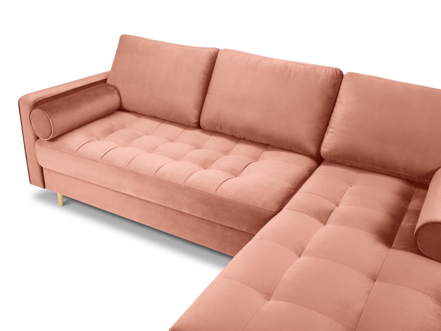 Modernes 4-Sitzer Ecksofa rechts Aspen in lebhaftem Pink, ideal für stilvolle Wohnzimmer und kreative Einrichtungsideen.