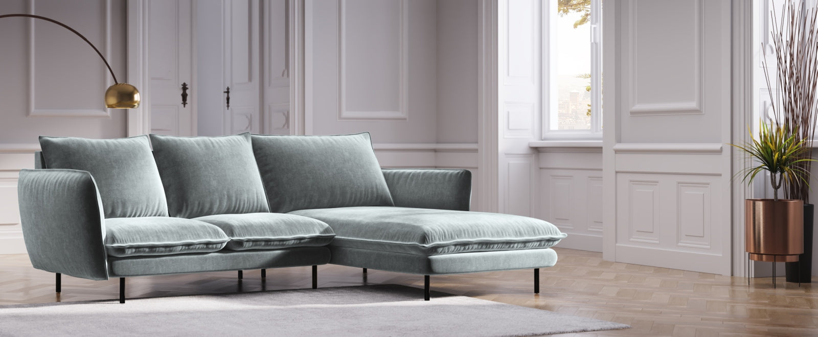 Elegantes Vienna Velour Ecksofa rechts 5 Sitzer 170cm von Cosmopolitan Design. Hochwertiges Velour, stilvolles Design und optimaler Komfort für Ihr Zuhause.