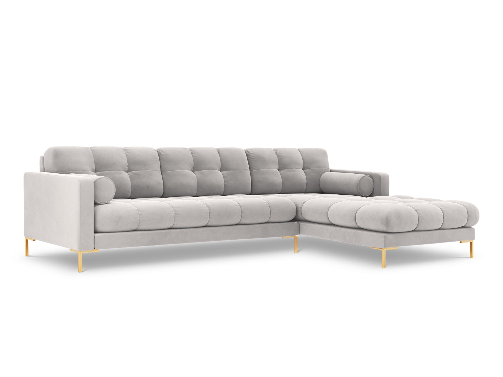 Modernes 5-Sitzer Ecksofa rechts Bali in edlem Silver-Bluvel, perfekt für entspannte Stunden und geschmackvolle Wohnräume.