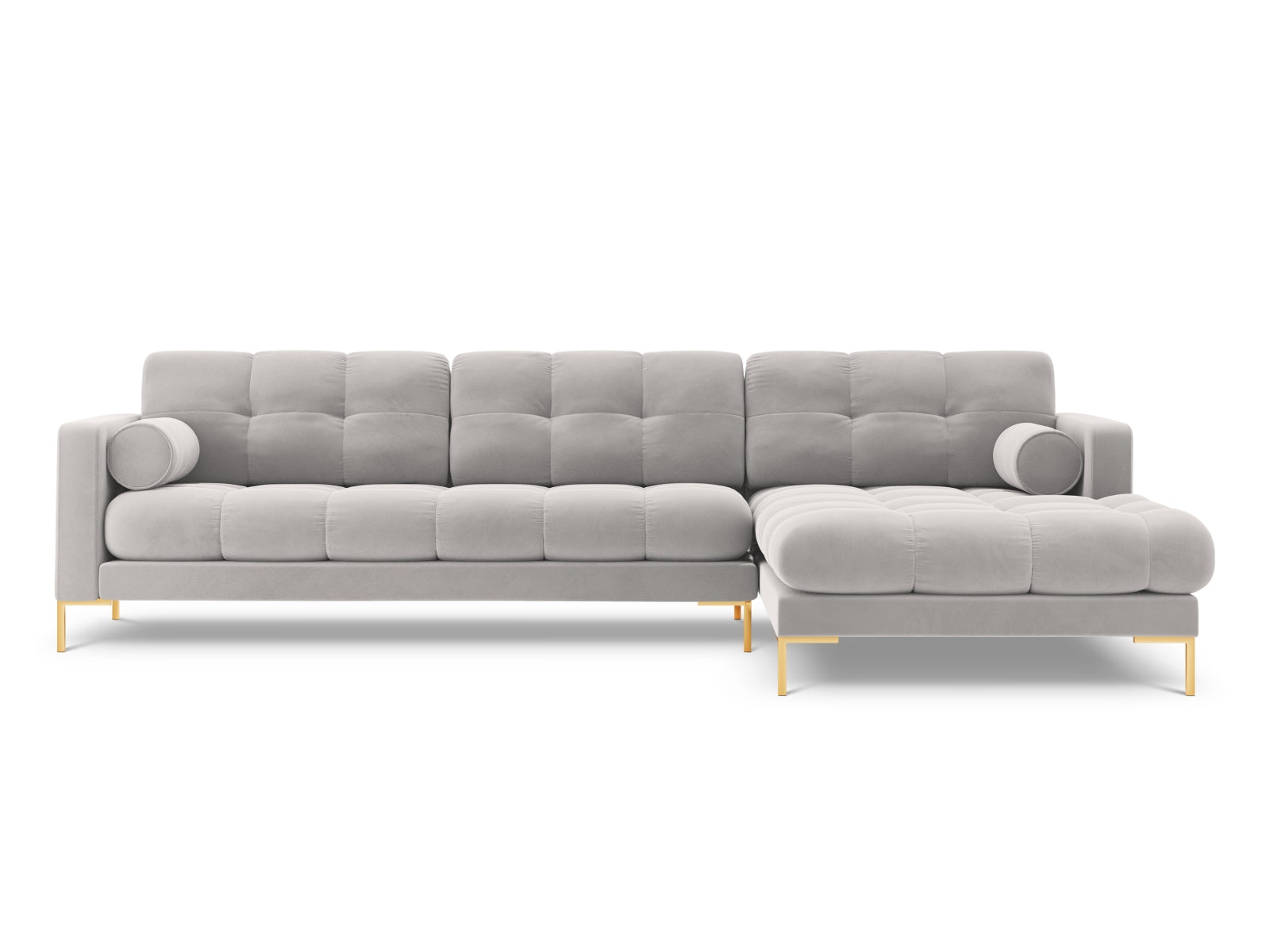 Elegantes 5-Sitzer Ecksofa rechts Bali in stilvollem Silver-Bluvel, ideal für gemütliche Abende und stilvolle Einrichtung.