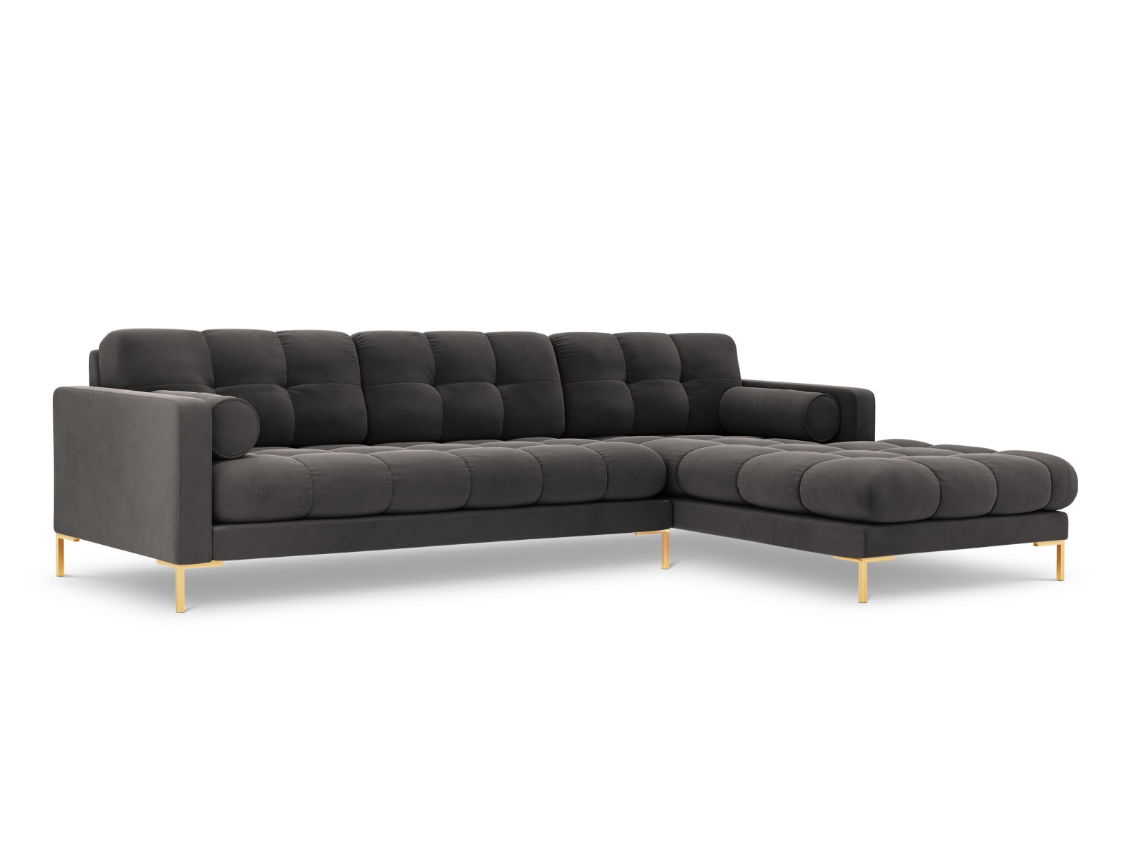 Modernes 5-Sitzer Ecksofa rechts Bali in stilvollem Dunkelgrau-Bluvel, perfekt für entspannte Stunden und geschmackvolle Wohnräume.