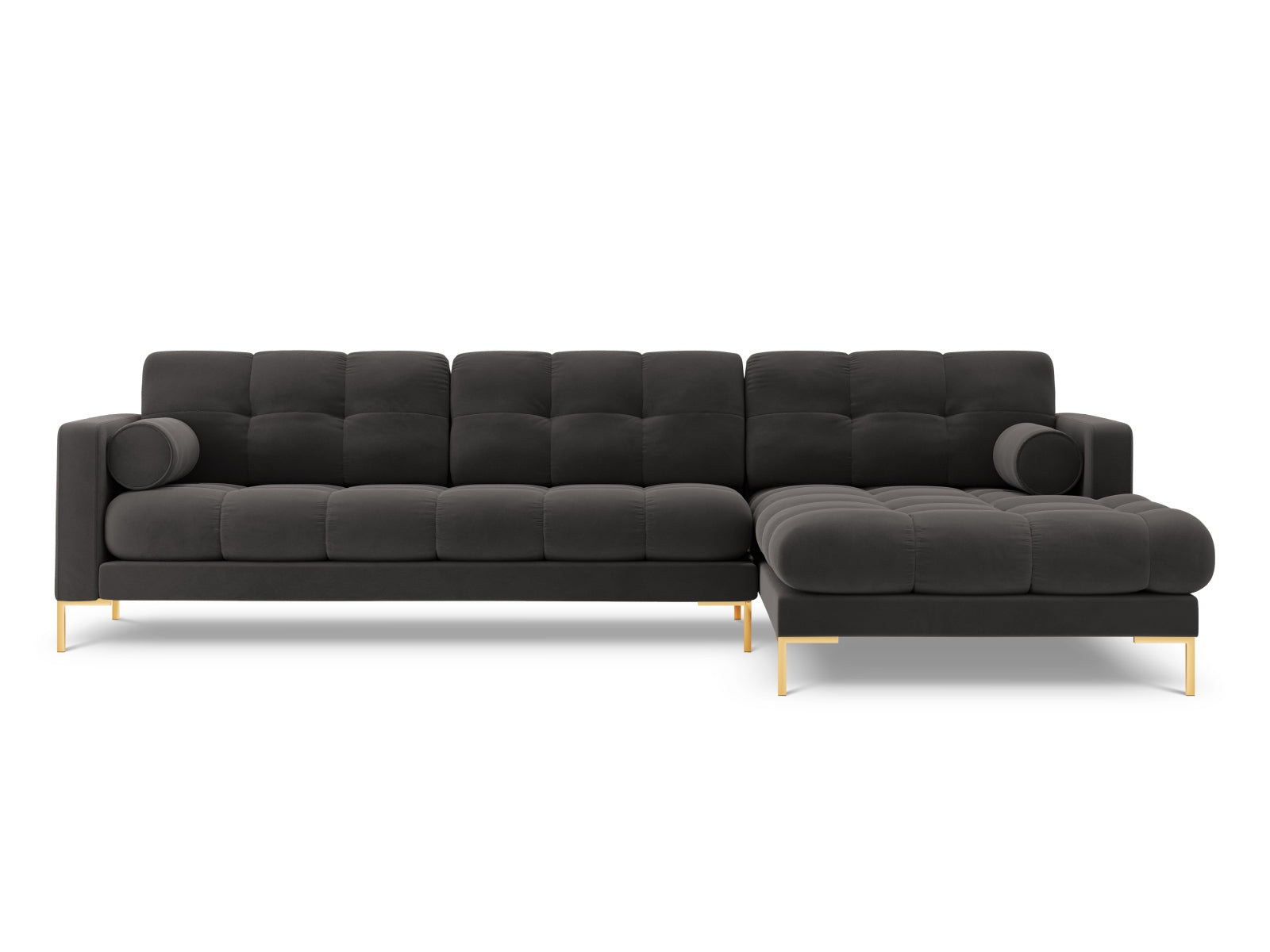 Elegantes 5-Sitzer Ecksofa rechts Bali in edlem Dunkelgrau-Bluvel, ideal für gemütliche Abende und stilvolle Einrichtung.