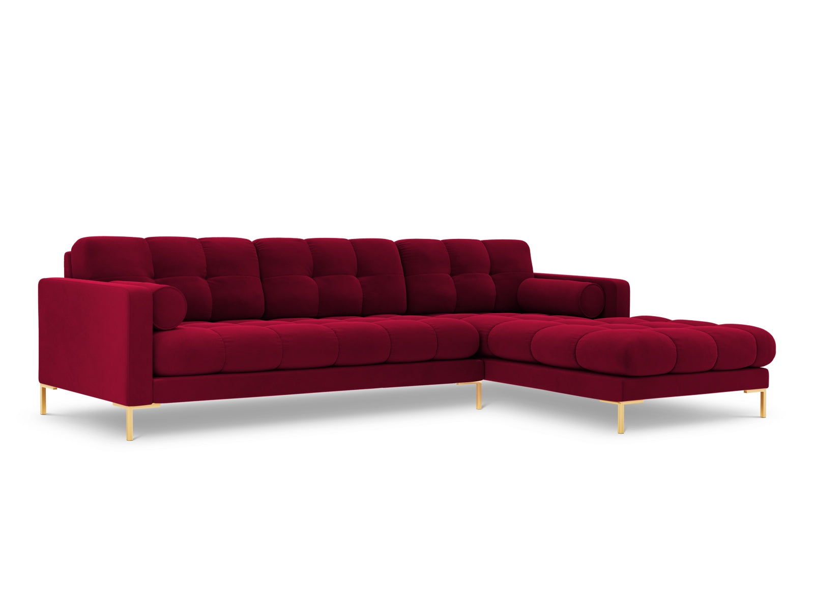 Modernes 5-Sitzer Ecksofa rechts Bali in stilvollem Red-Bluvel, ideal für gemütliche Abende und gesellige Runden.
