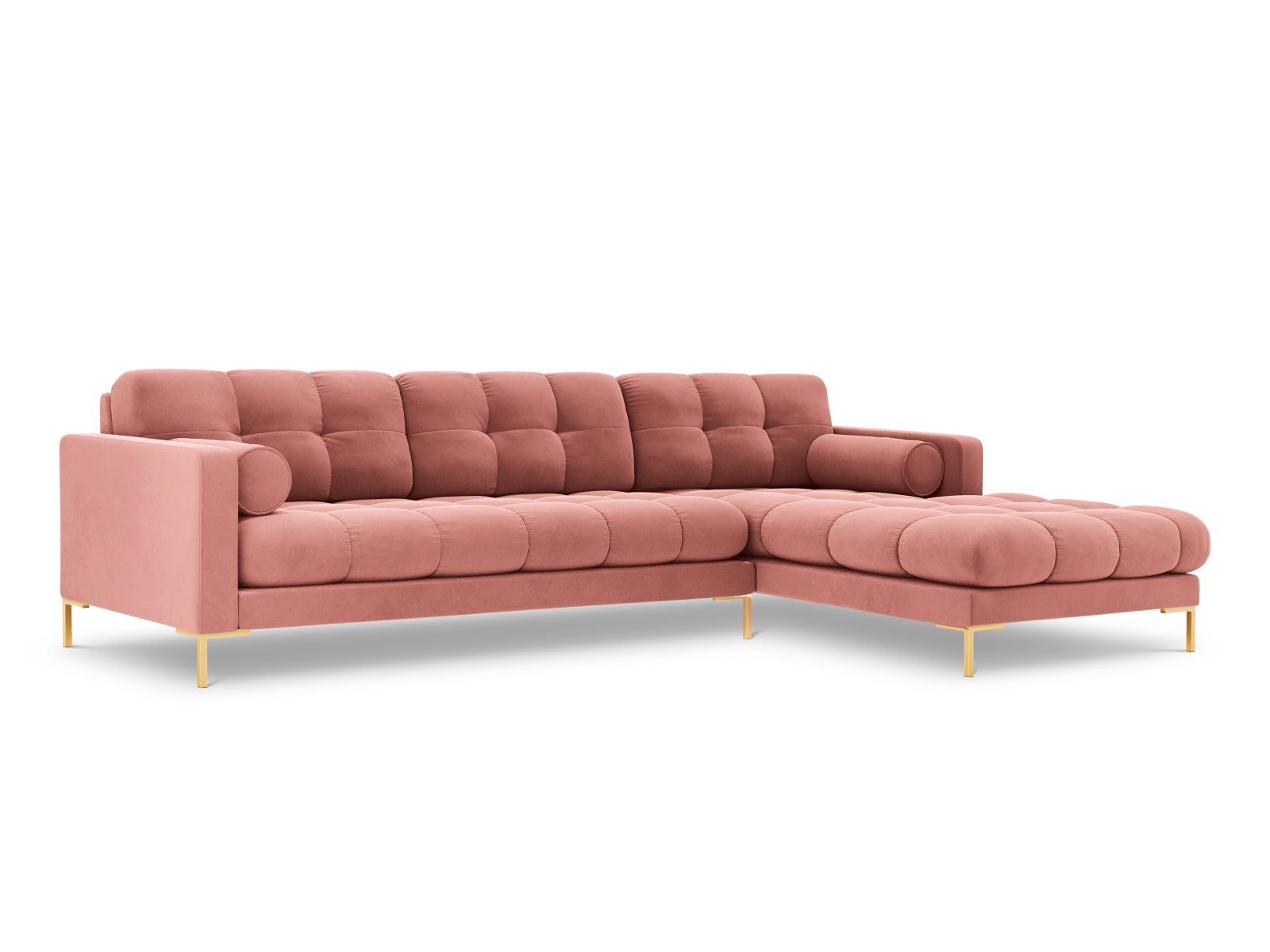 Stylisches 5-Sitzer Ecksofa rechts Bali in strahlendem Pink-Bluvel, perfekt für ein einladendes und modernes Zuhause.