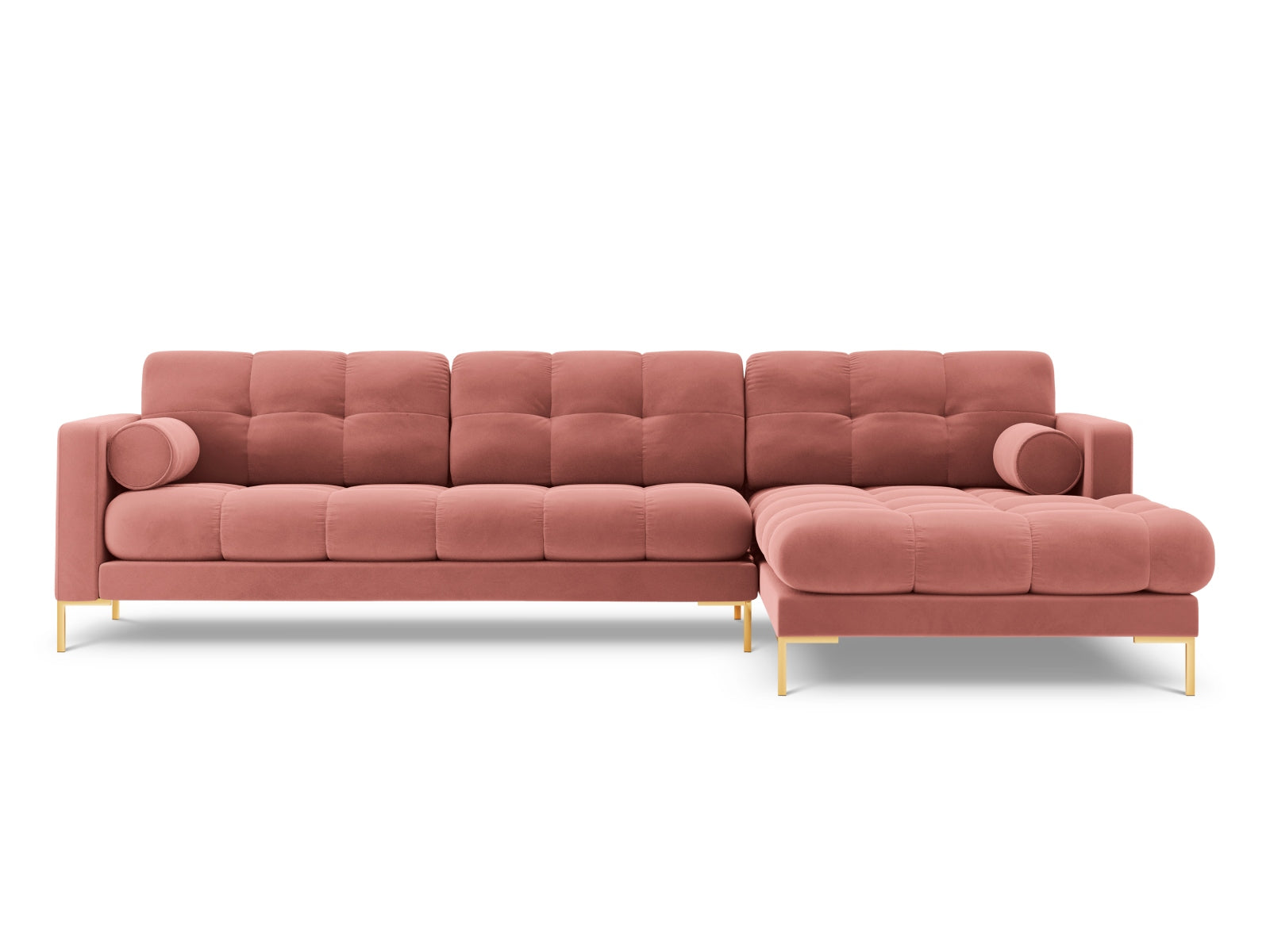 Elegantes 5-Sitzer Ecksofa rechts Bali in lebhaftem Pink-Bluvel, ideal für stilvolle Wohnräume und gesellige Abende.