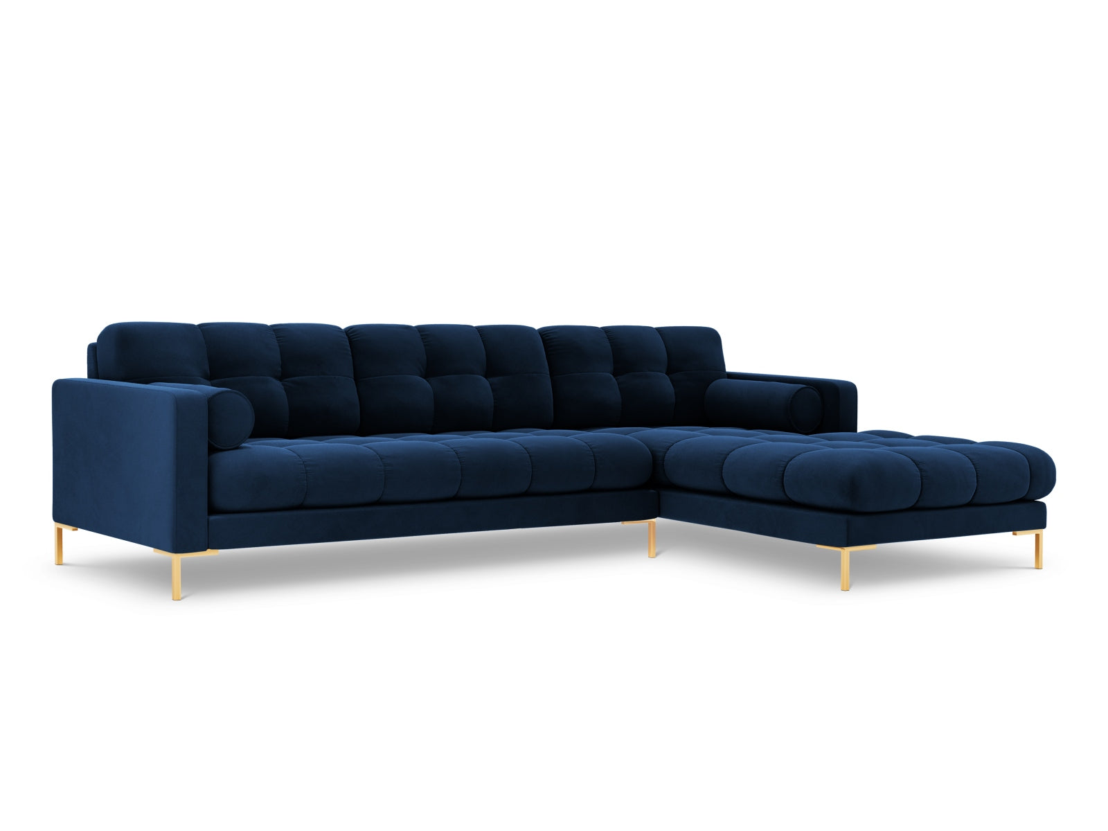 Elegantes 5-Sitzer Ecksofa rechts Bali in Royal Blue-Bluvel, ideal für entspannte Stunden und einladende Wohnräume.