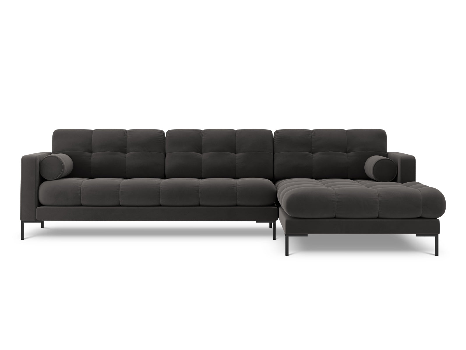 Elegantes 5-Sitzer Ecksofa rechts Bali in stilvollem Dunkelgrau-Bluvel, ideal für moderne Wohnräume und gemütliche Abende.