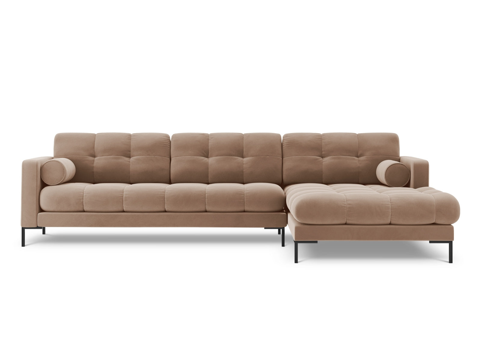 Beige-Bluvel 5-Sitzer Ecksofa rechts Bali von Cosmopolitan Design, stilvolles und modernes Möbelstück für Ihr Wohnzimmer.