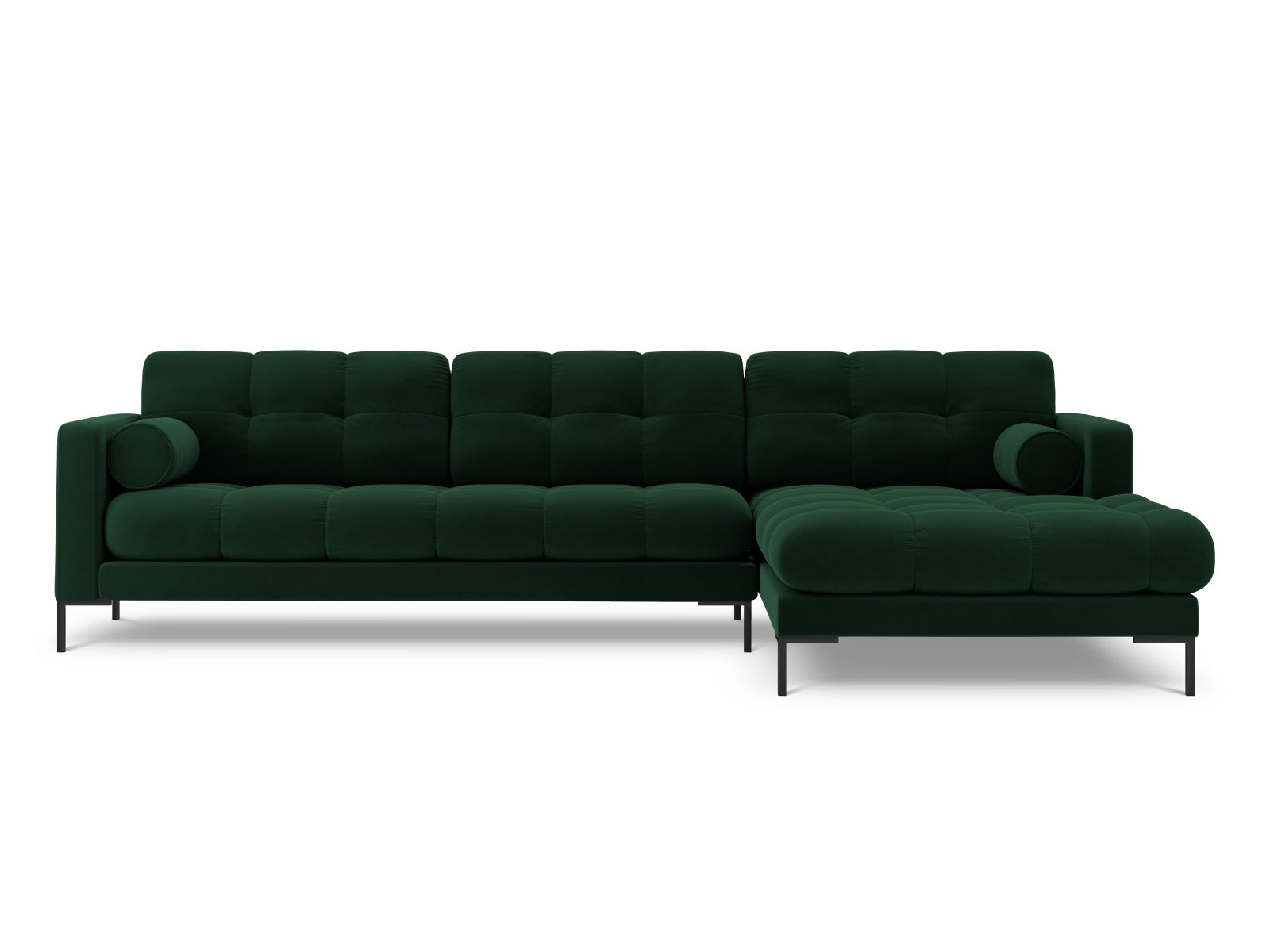 Elegantes 5-Sitzer Ecksofa rechts Bali in stilvollem Bottle Green-Bluvel, ideal für moderne Wohnräume, präsentiert von Cosmopolitan Design.