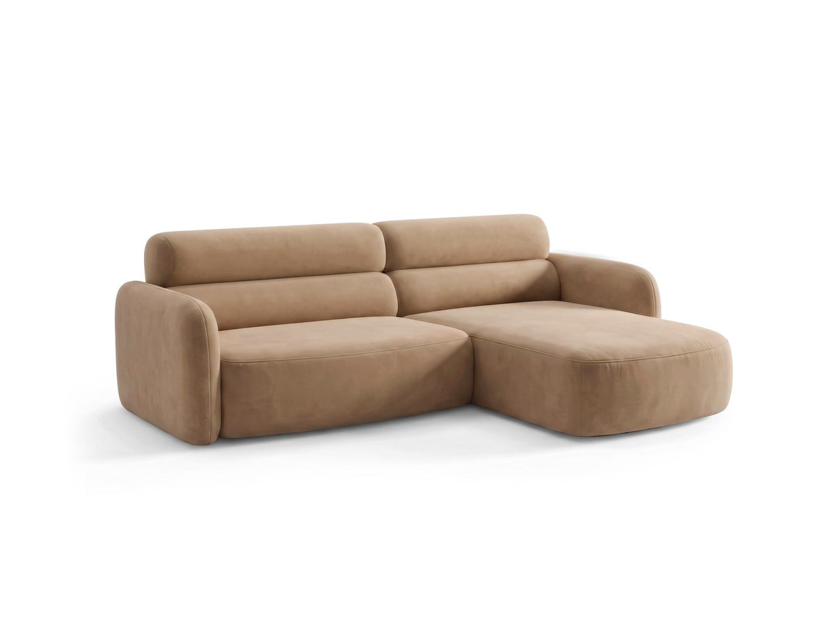 Ecksofa rechts Malmo in Beige mit Bluvel-Bezug, Récamiere rechts und schwarzen Beinen