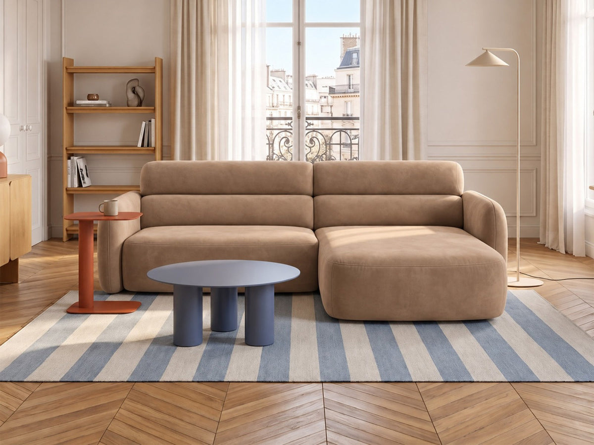 Ecksofa rechts Malmo in Beige mit Bluvel-Bezug, Récamiere rechts und schwarzen Beinen