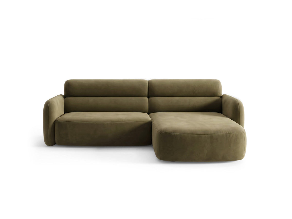 Ecksofa rechts Malmo in Beige mit Bluvel-Bezug, Récamiere rechts und schwarzen Beinen