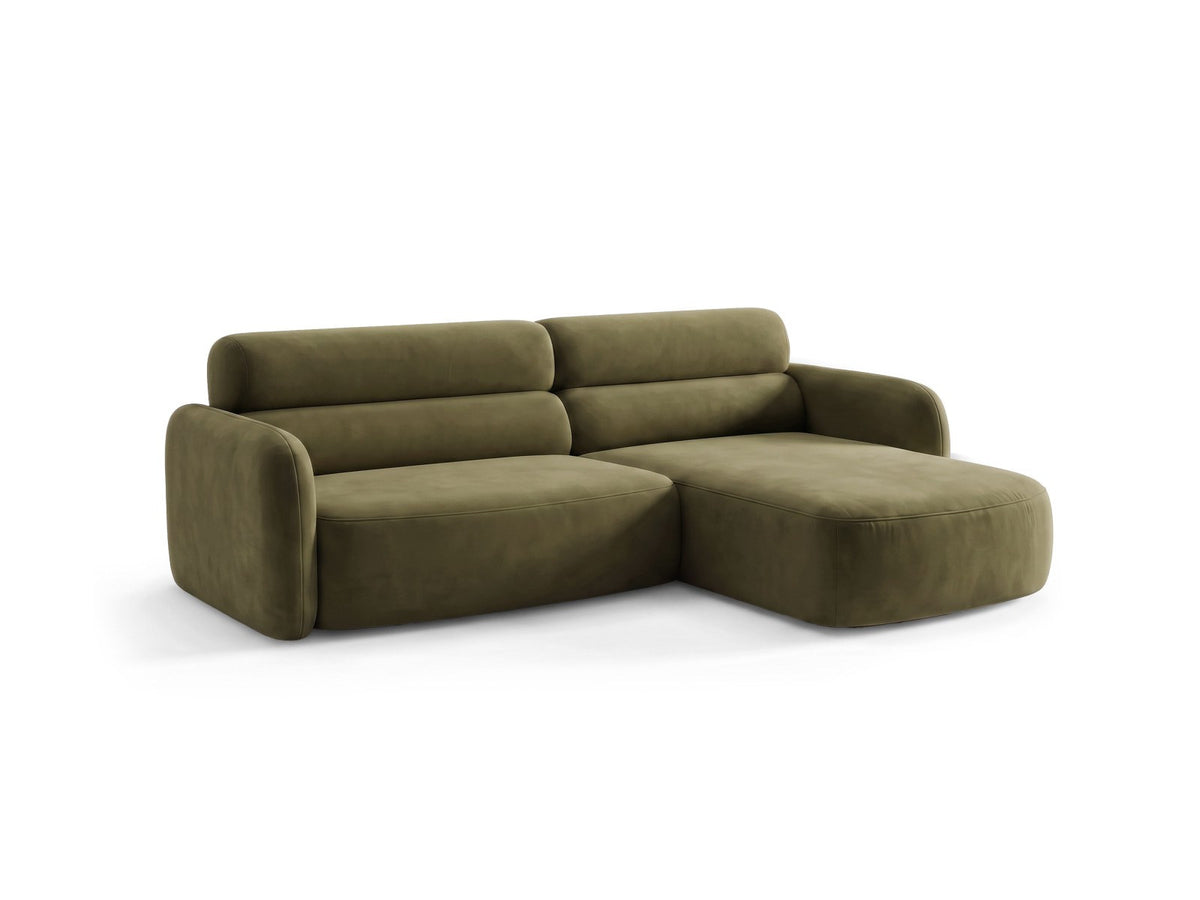 Ecksofa rechts Malmo in Beige mit Bluvel-Bezug, Récamiere rechts und schwarzen Beinen