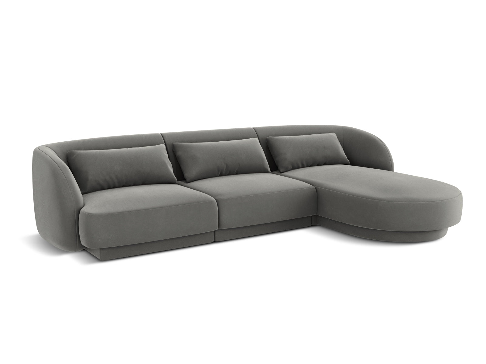 Modernes Tulum Velour Ecksofa in sanftem Hellgrau, 4-Sitzer, perfekt für gemütliche und stilvolle Wohnräume.