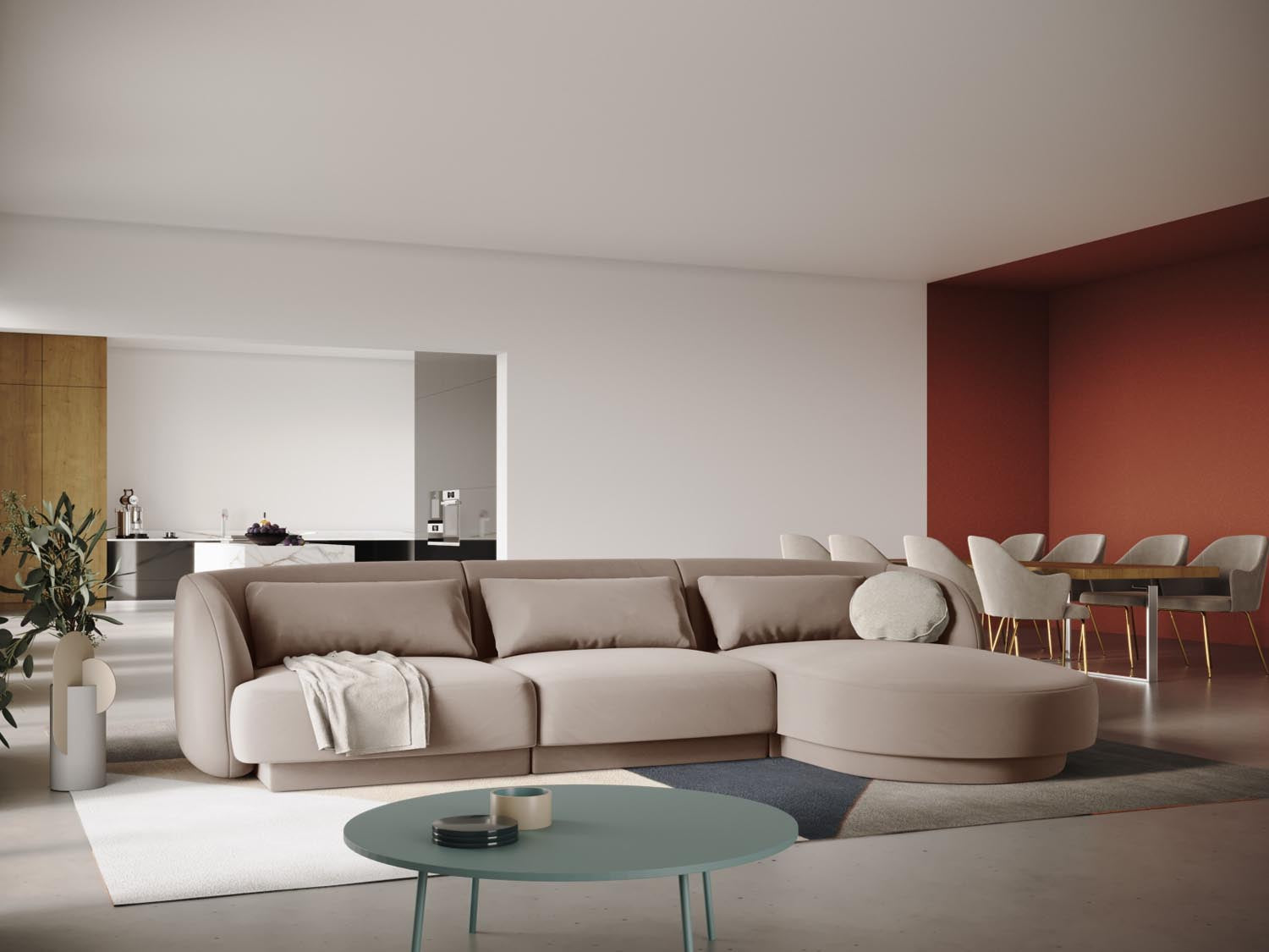 Beige Velour Ecksofa Tulum, 4-Sitzer, 156 cm, stilvolles Design für moderne Wohnräume, präsentiert von Cosmopolitan Design.