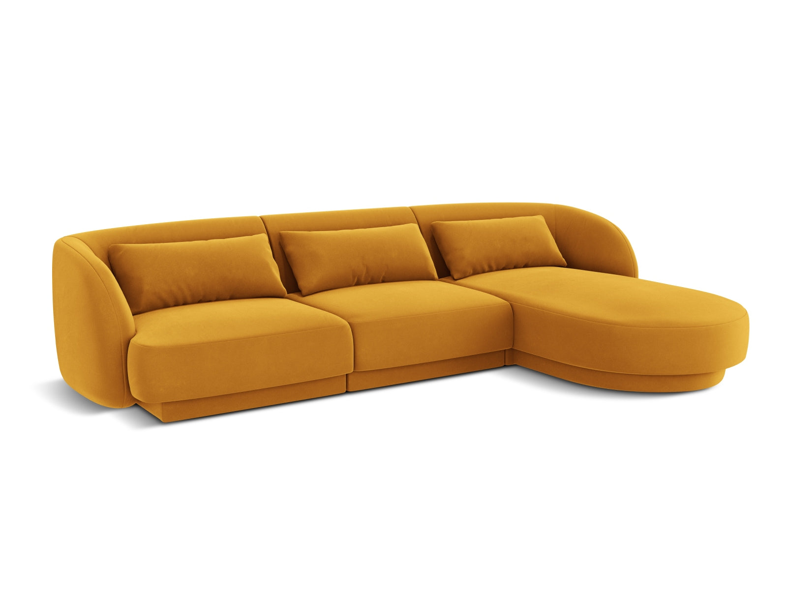 Elegantes Tulum Velour Ecksofa in Gelb-Bluvel, 4-Sitzer mit rechtsseitiger Anordnung, perfekt für moderne Wohnkonzepte.