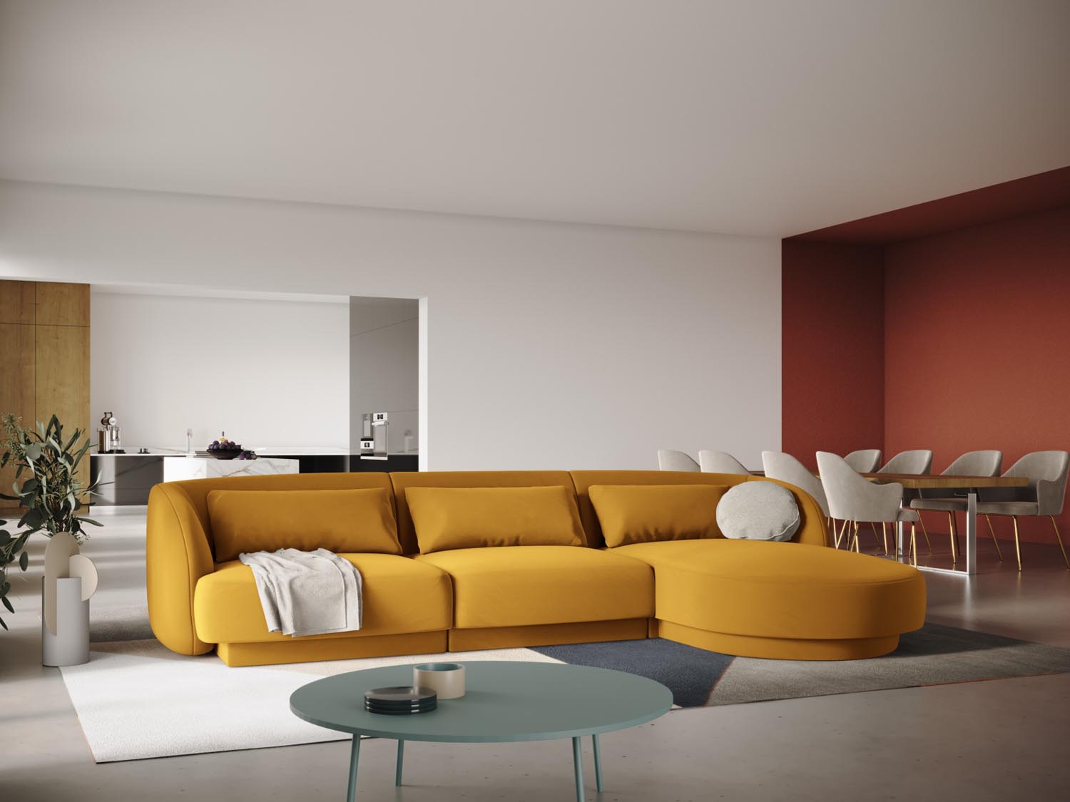 Gemütliches Tulum Velour Ecksofa in Gelb-Bluvel, ideal für stilvolle Wohnräume. Rechtsseitiges 4-Sitzer Design von Cosmopolitan Design.