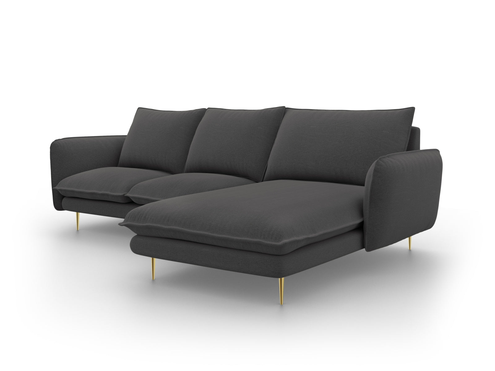 Modernes Vienna Ecksofa in edlem Dunkelgrau, ausgestattet mit goldenen Details. 5-Sitzer mit 170 cm, perfekt für gemütliche Abende.