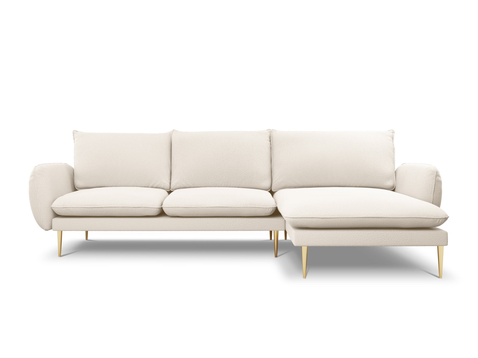 Beige L-Sofa mit Boucle-Textur und goldenen Details, 5-Sitzer, rechte Ecke, 170 cm, perfekt für moderne Wohnkonzepte.
