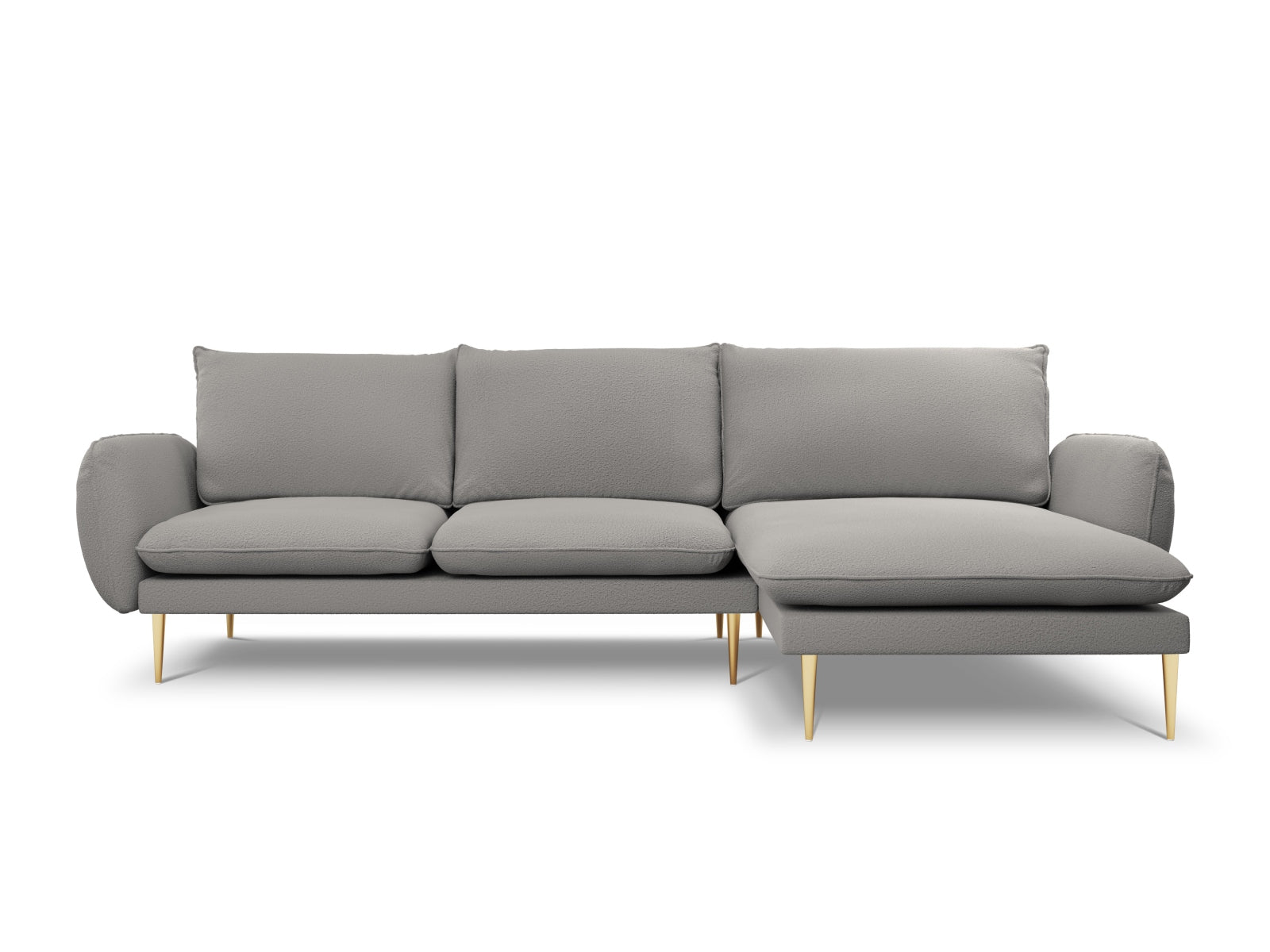 Modernes 5-Sitzer Ecksofa "Vienna" in grauem Boucle-Stoff mit goldenen Details, perfekt für ein elegantes Wohnzimmer. Rechtsseitige Anordnung.