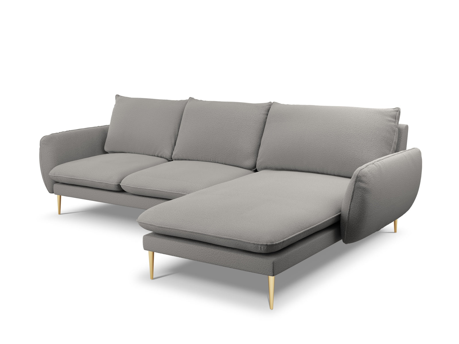 Elegantes 5-Sitzer Ecksofa "Vienna" in grauem Boucle mit goldenen Akzenten, ideal für stilvolle Wohnräume. Rechtsseitige Ausführung.