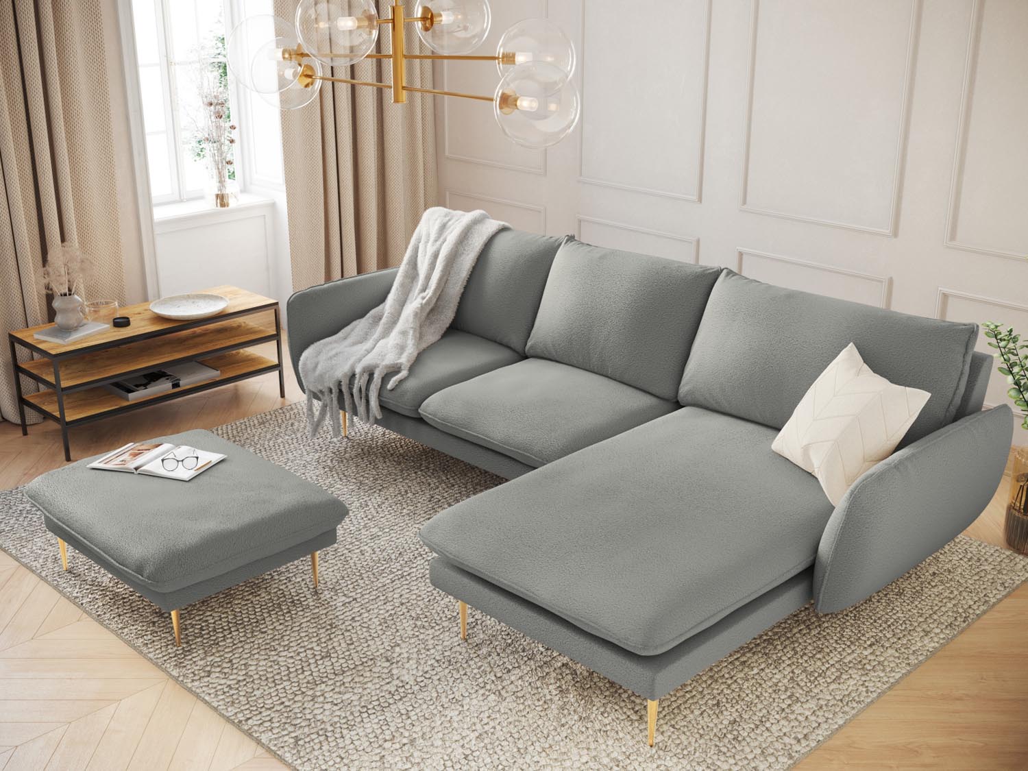 Elegantes Vienna Boucle Ecksofa in Grau mit goldenen Akzenten, ideal für stilvolle Wohnräume. 5-Sitzer, 170 cm, rechtsseitig.