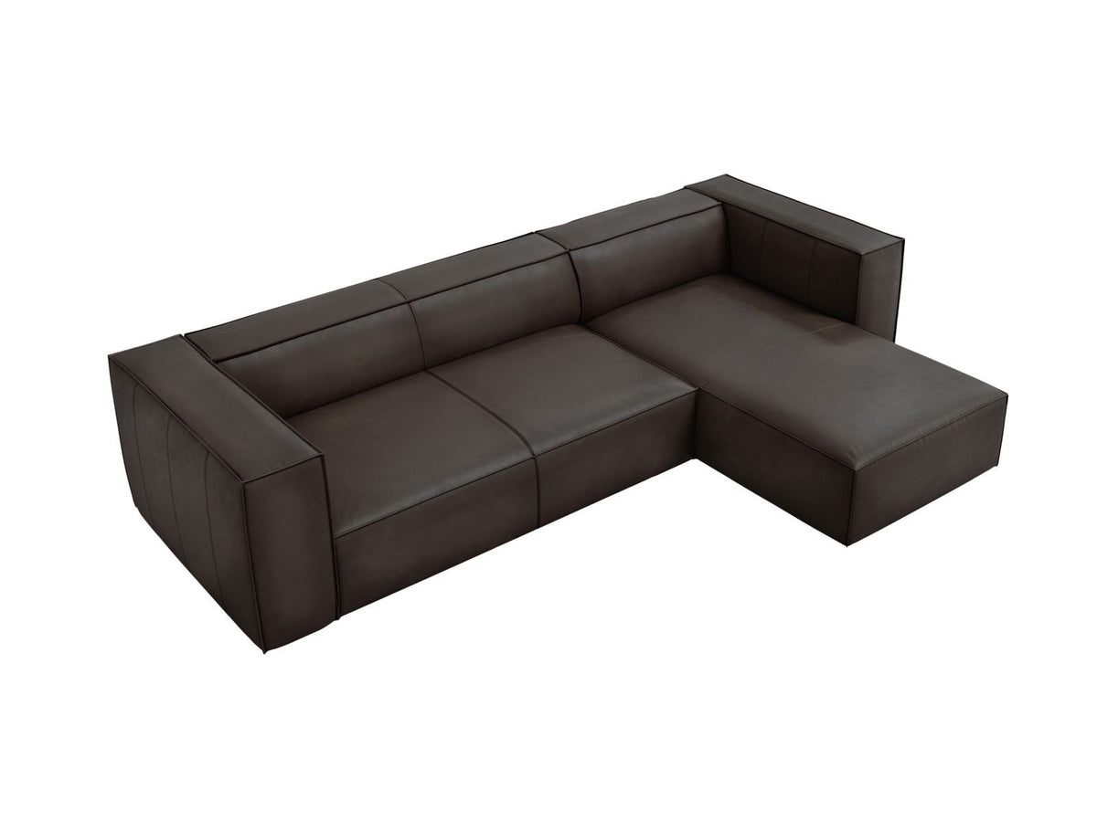 Braunes Ecksofa Turin mit Echtleder-Bezug, Massivholzrahmen und Beinen aus Buchenholz, rechte Ausführung mit fünf Sitzplätzen.