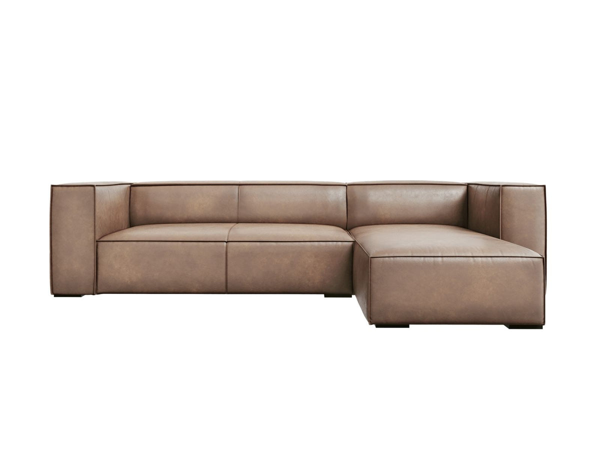 Braunes Ecksofa Turin mit Echtleder-Bezug, Massivholzrahmen und Beinen aus Buchenholz, rechte Ausführung mit fünf Sitzplätzen.