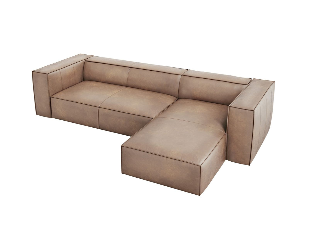 Braunes Ecksofa Turin mit Echtleder-Bezug, Massivholzrahmen und Beinen aus Buchenholz, rechte Ausführung mit fünf Sitzplätzen.