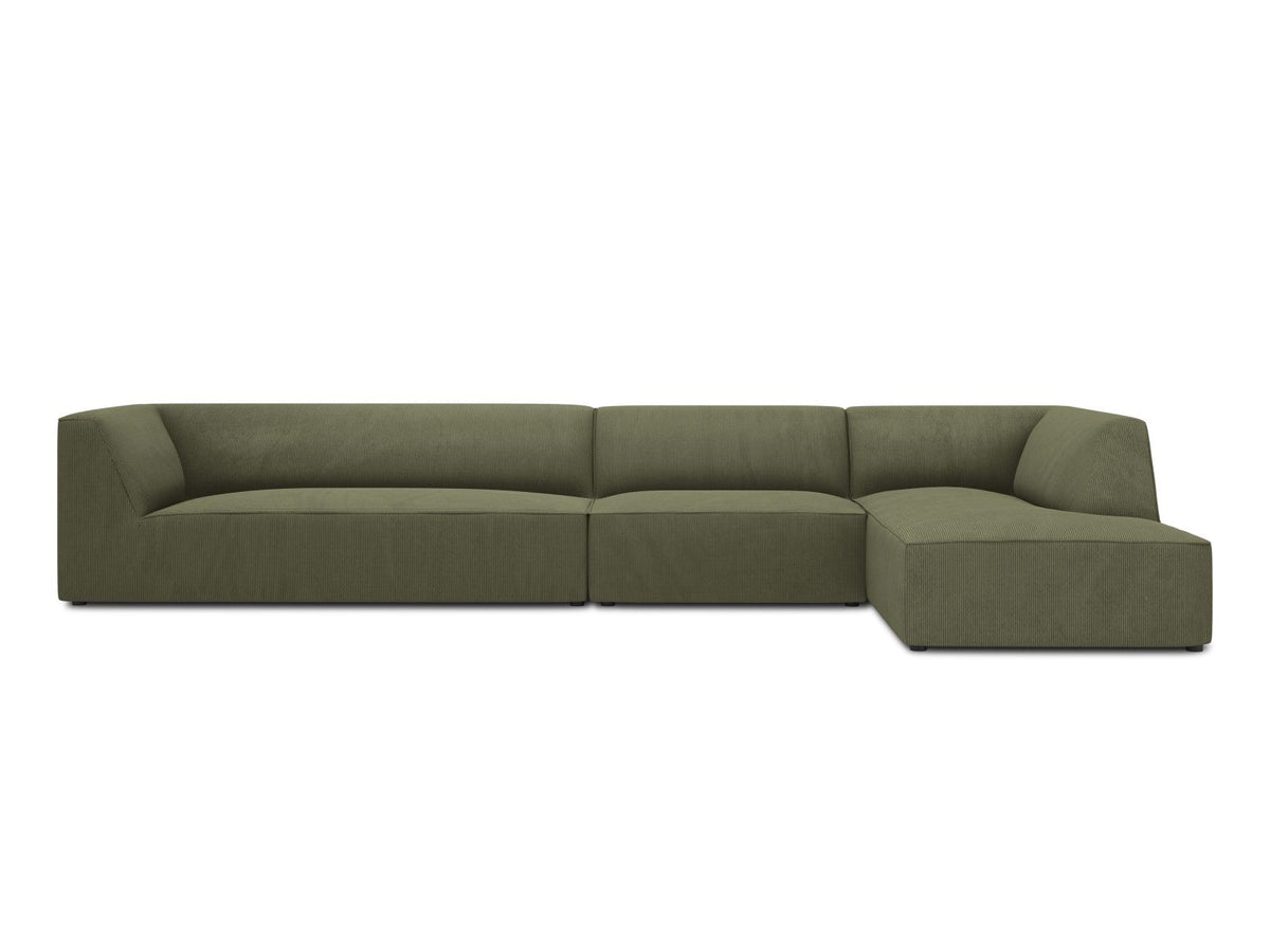 Modulares Ecksofa Siena in Light Beige-Scala mit Cordstoff-Bezug, schwarzen Kunststoffbeinen und Récamiere, 5-Sitzer Ausführung von Cosmopolitan Design.