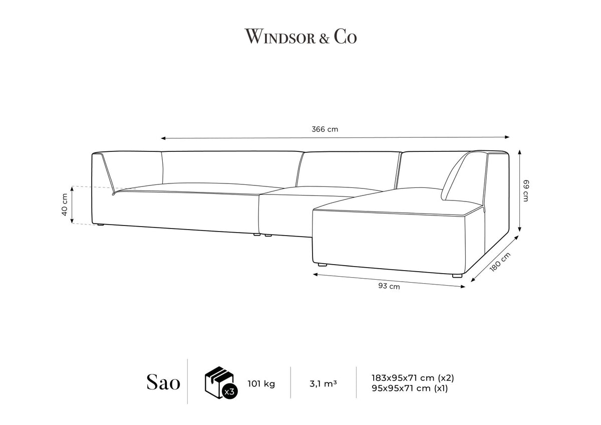 Modulares Ecksofa Siena in Light Beige-Scala mit Cordstoff-Bezug, schwarzen Kunststoffbeinen und Récamiere, 5-Sitzer Ausführung von Cosmopolitan Design.